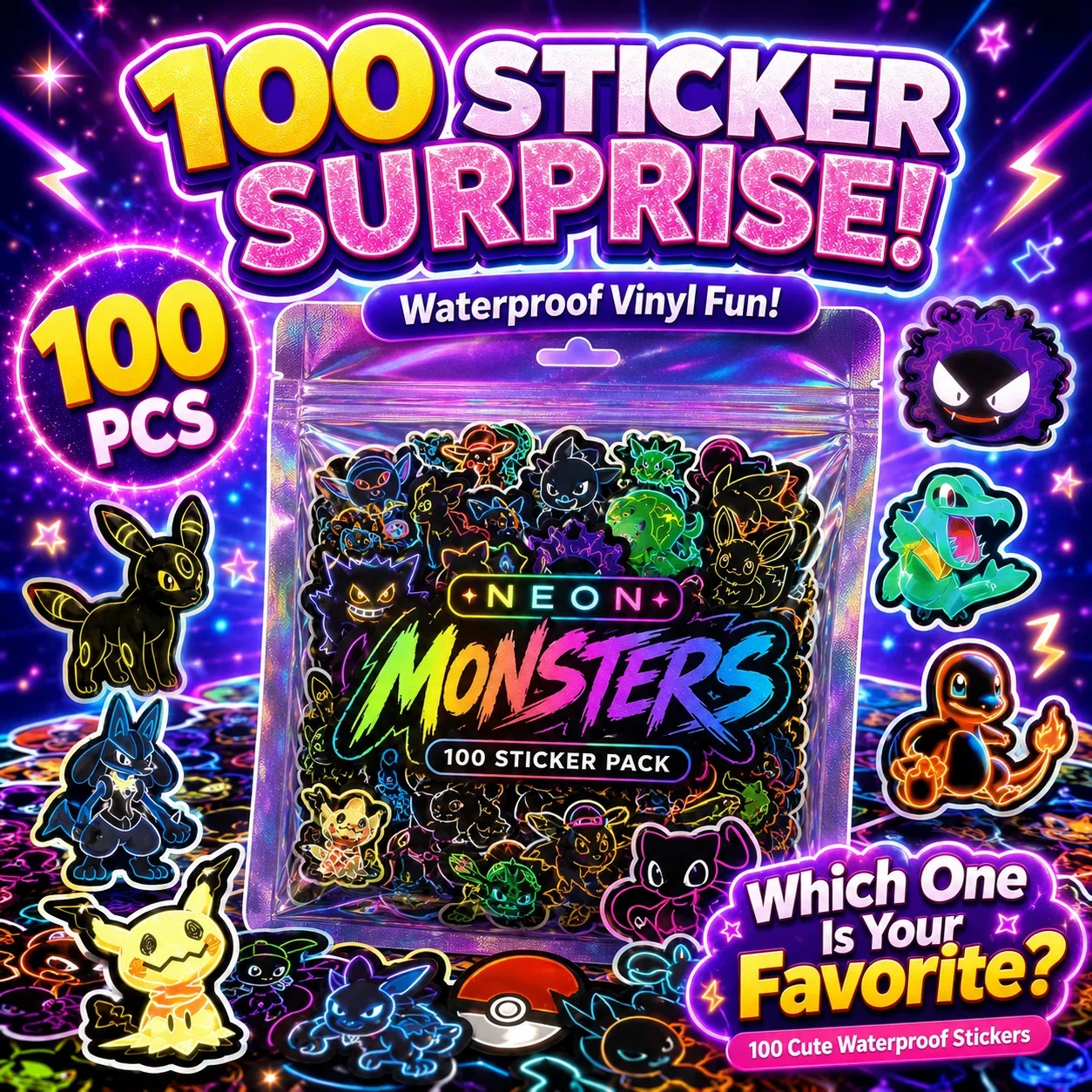 Luggage - 100 Stück Neon Pokémon Aufkleber, wasserfeste